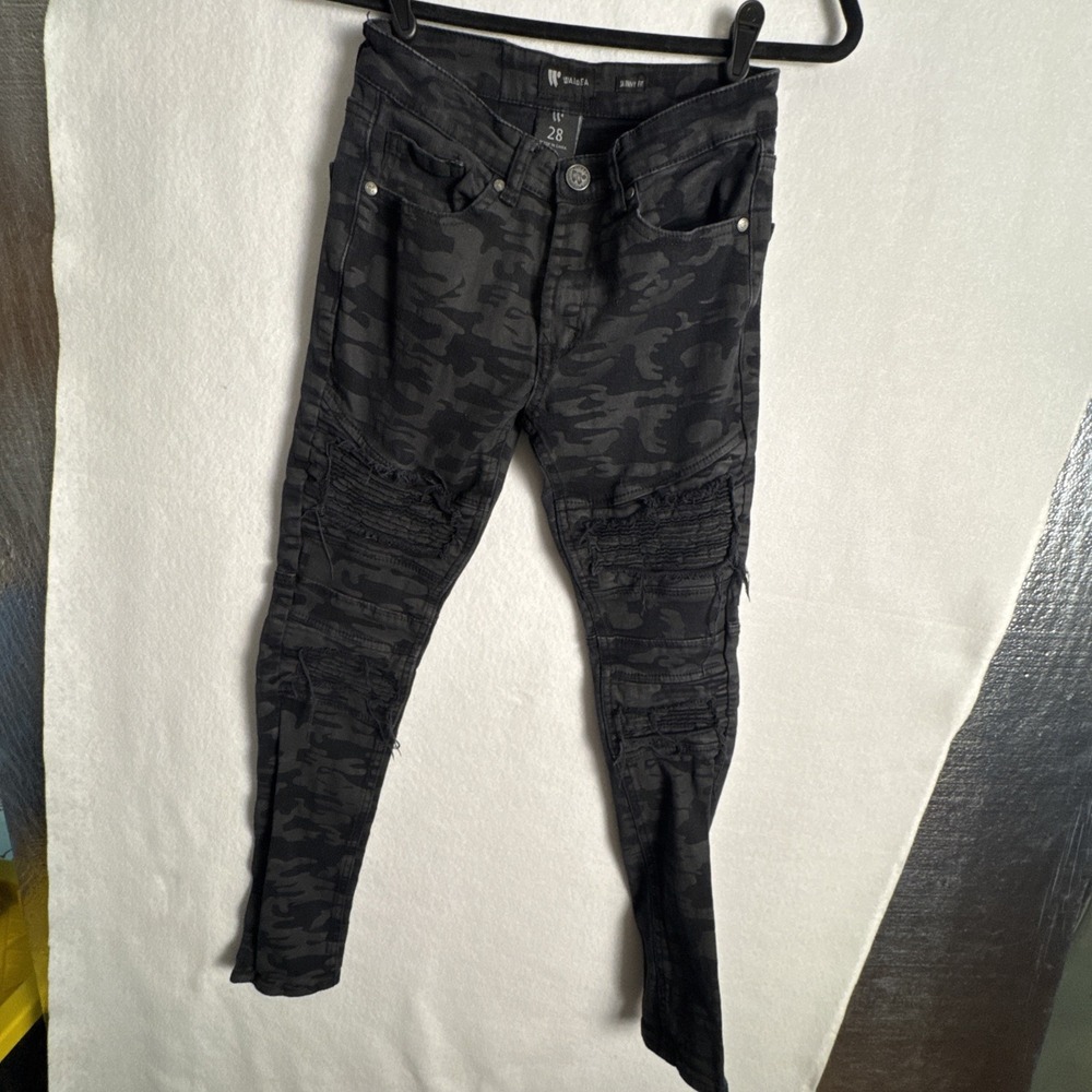 Waimea Jeans Mens Skinny Fit Black Distressed Camo Jeans 26W x 28L